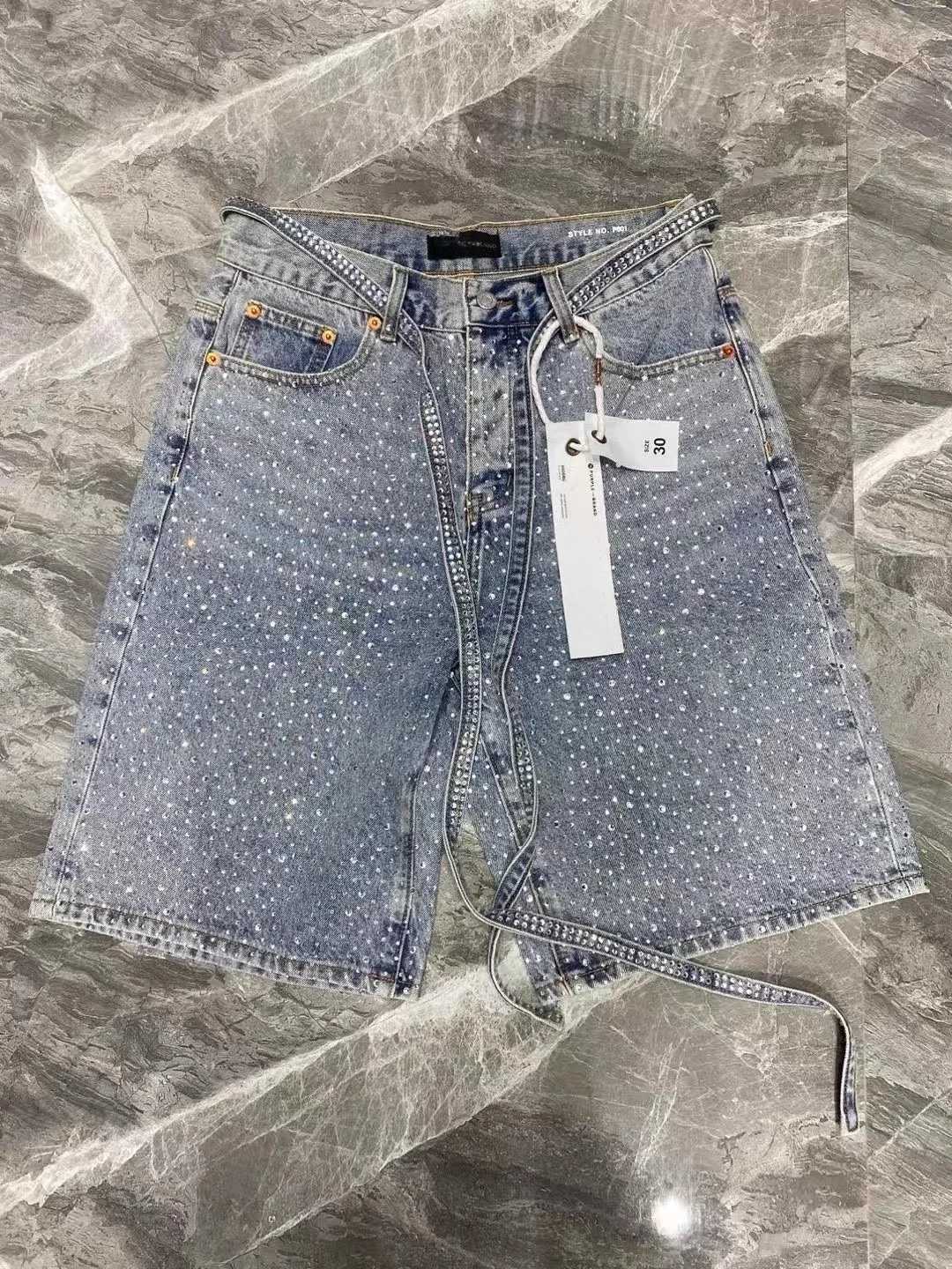 Dope Mens Faded Denim Shorts with Bling Rhinestone Accents Urban Streetwear Tough Washed Fabric Adjustable Lace Up Style Y2508141