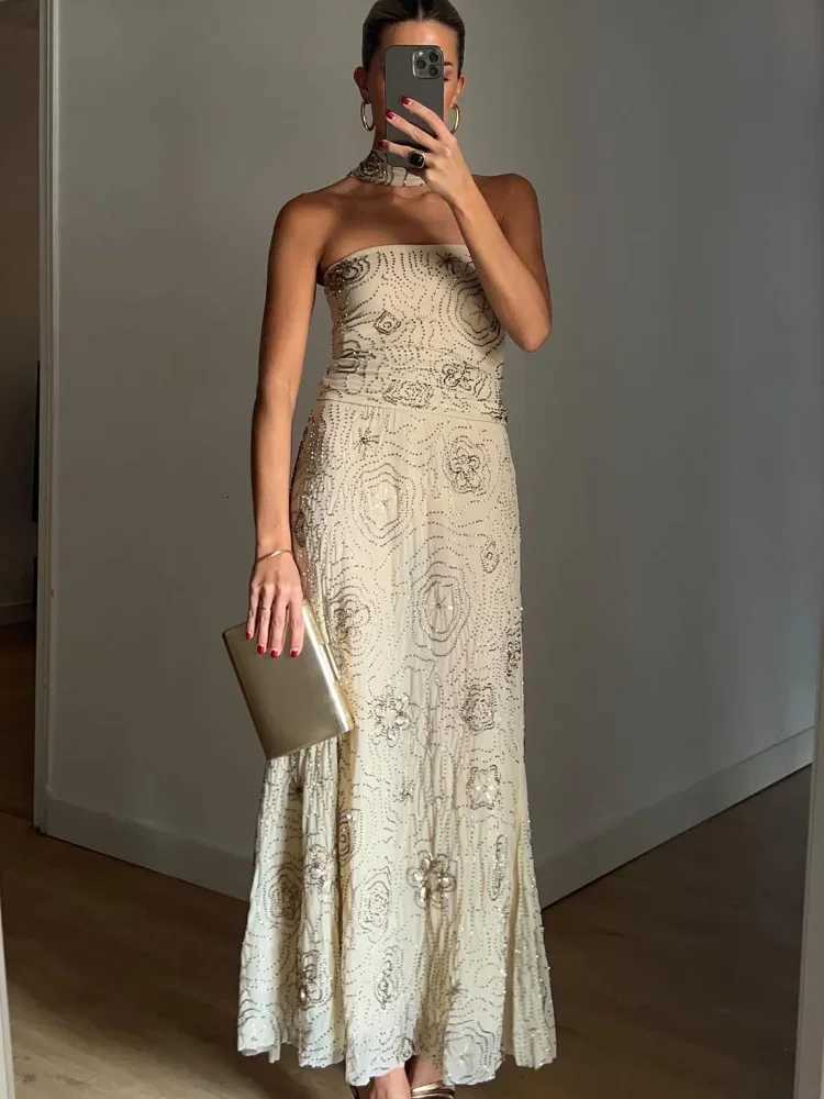 100% Embroidery Sequin Maxi Skirt Suits Women Chic Sleeveless Off Shoulder Scarf Backless Slim Vest Sets Lady Party Wear 2025 XJ250722