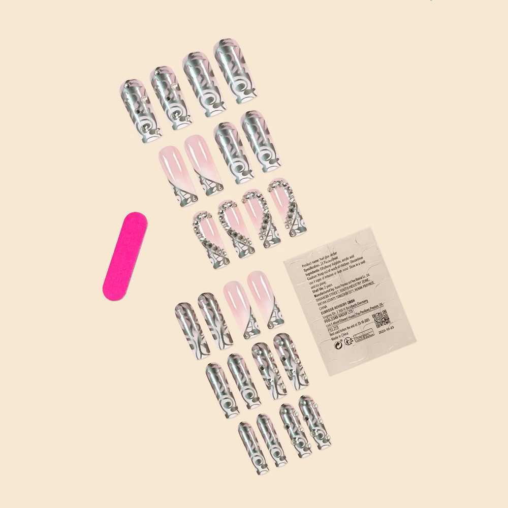 Luxury Fashion Ladies Super Long Square French Silver Vine Patchwork Diamond Heart Decoration Full Coverage Wearable Fake Nail W250722