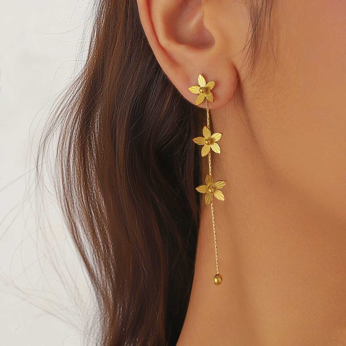 316L Stainless Steel Golden Petals Flower Round Beads Tassel Earrings for Women Fashion New Trend Ear Buckle Jewelry Gift XJ250722