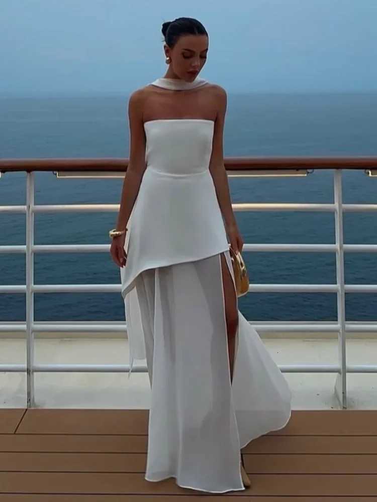 Ele White Mesh Splicing Slim Women Strapless Dress Chic Scarf Neck Off Shoulder High Waist Long Dresses for Women Party Dresses XJ250722