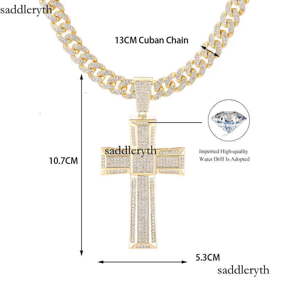 Gold Color Men 13mm Cuban Chain Necklace Iced Out Bling Cross Pendant Hip Hop Jewelry Gift Women