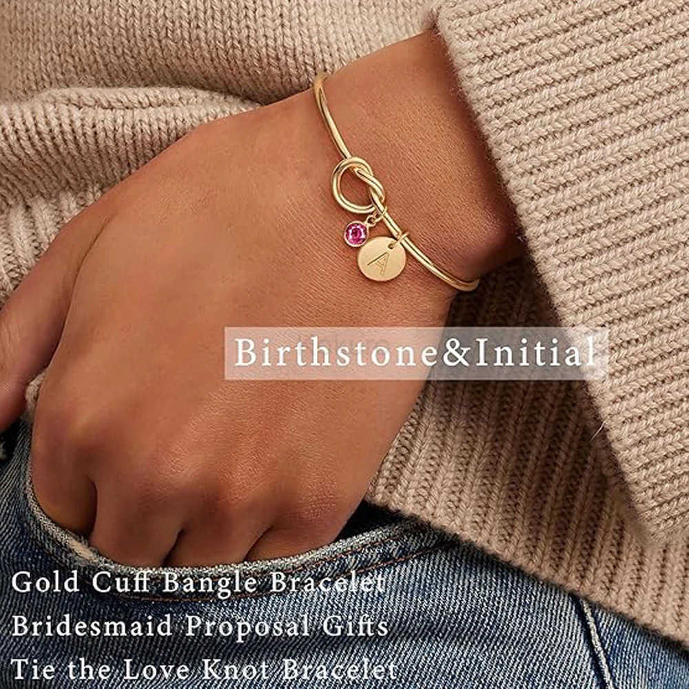 14K Gold Plated Birthstone Initial Bracelets for Women Bridesmaid Proposal Gift Love Knot Cuff Bangle Bracelet Birthday Gifts M250722
