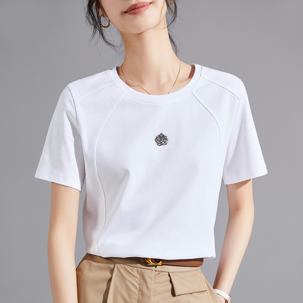 Camellia Liquid Ammonia White Short Sleeve Regular Shoulder TShirt for Women 25 Summer Mercerized Cotton Round Neck Base Shirt Womens TShirt Half Slee