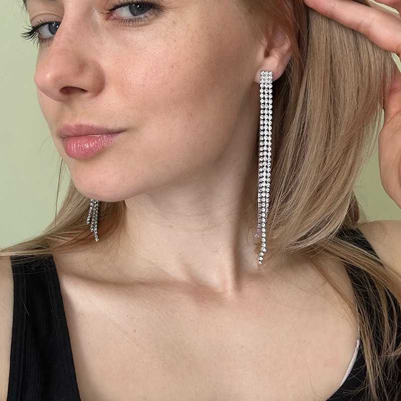 Simple Trend Long Shiny Full Crystal Rhinestone Tassel Earrings For Women Drop Dangle Bridal Wedding Earrings Stud Jewelry Gift XJ250722