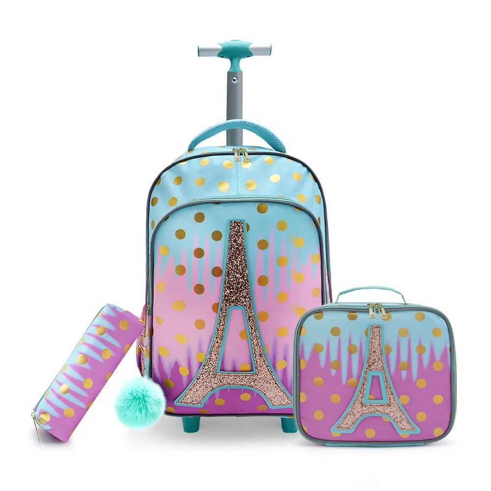 3PCS Rolling Backpack for Girls Kids Wheeled School BookBag With Lunch And Pen Bag Ir tower Glow-in-the-dark Functi Y250722