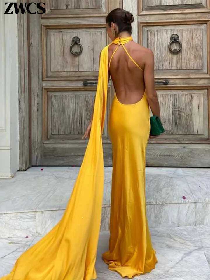 2025 Summer New Lady Evening Gowns Satin Ribbons Halter Party Dress Womens Sexy Backless Off Shoulder Sleeveless Robes XJ250722