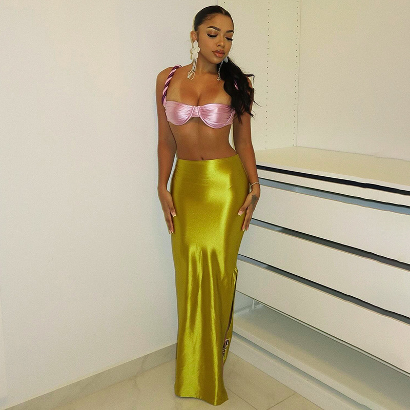 D24SK279 new midi skirt with summer drape satin multi colored mid length high waist bag and hip skirt