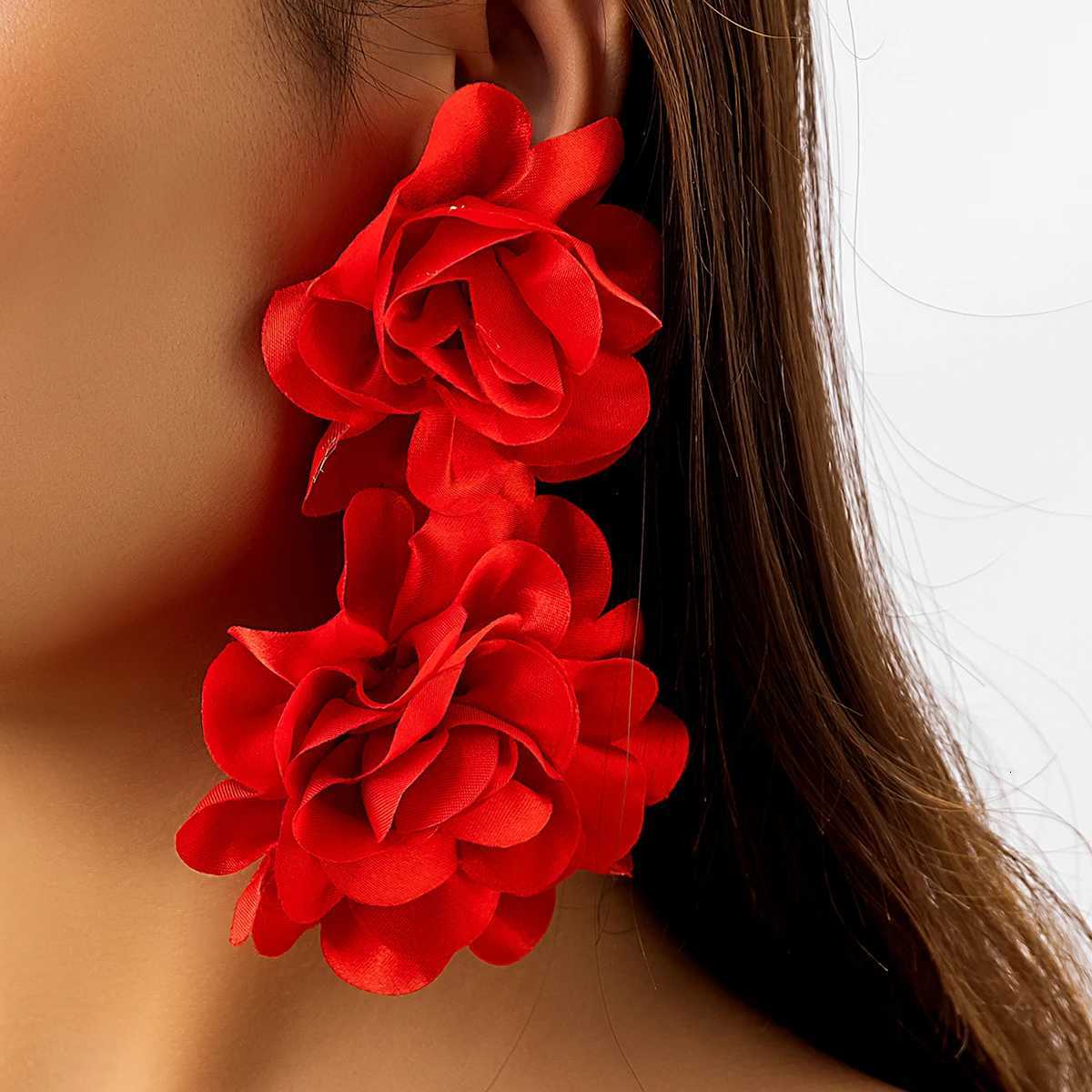 Exaggerated Red Petal Flower Drop Earrings for Women Boho Handmade Long Tassel Rose Fairy Dangle Earrings Aesthetic Jewelry New XJ250722