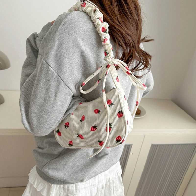 Women Small Underarm Bag Corduroy Handbag Cute Strawberry Print Little Tote Half Moon Design Eco Cloth Purse Mini Shoulder Bags XJ250704