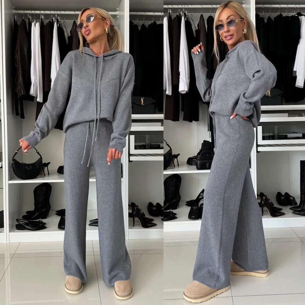 Autumn Winter New Casual Suit Women Solid Color Hooded Long Sleeve Sweatshirt Drawstring Wide Leg Pants Two-Piece Set B5