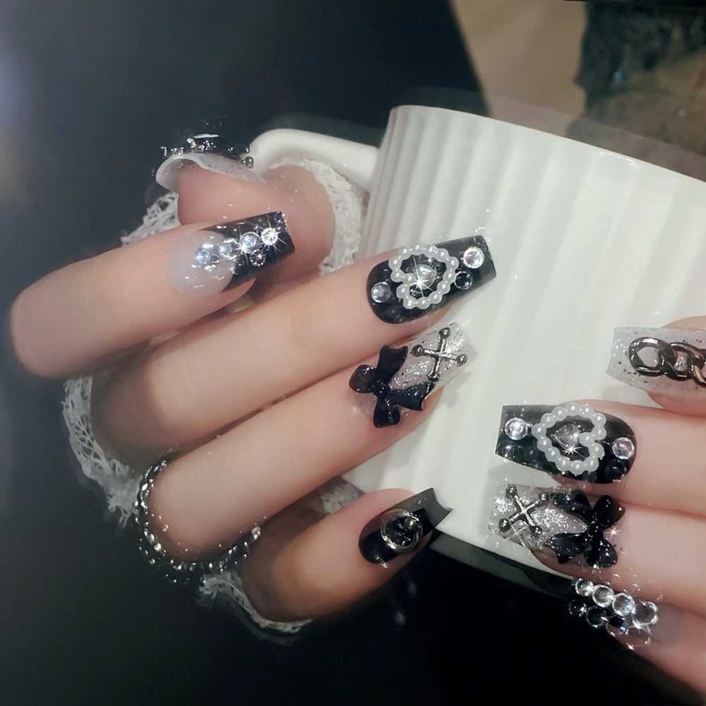 24Pcs 3D Kuromi Press-On Nails Y2K Cartoon Handmade Fake Nails Black Gel Nails Wearable Nails Cinnamoroll Melody Anime False Nails W250722