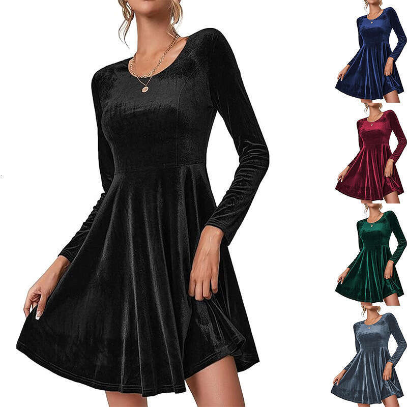 Autumn Winter New Women's Long Sleeve Round Neck Flared Velvet Dress Black Green B5