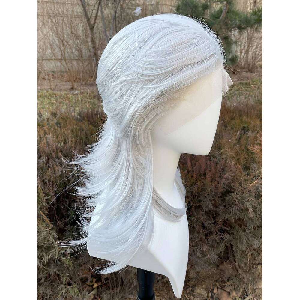 Sliver Gray 13X4 Lace Front Wig For Women Cosplay Human Hair Shoulder Length Mullet Synthetic Layers Ponytails Glueless Wigs