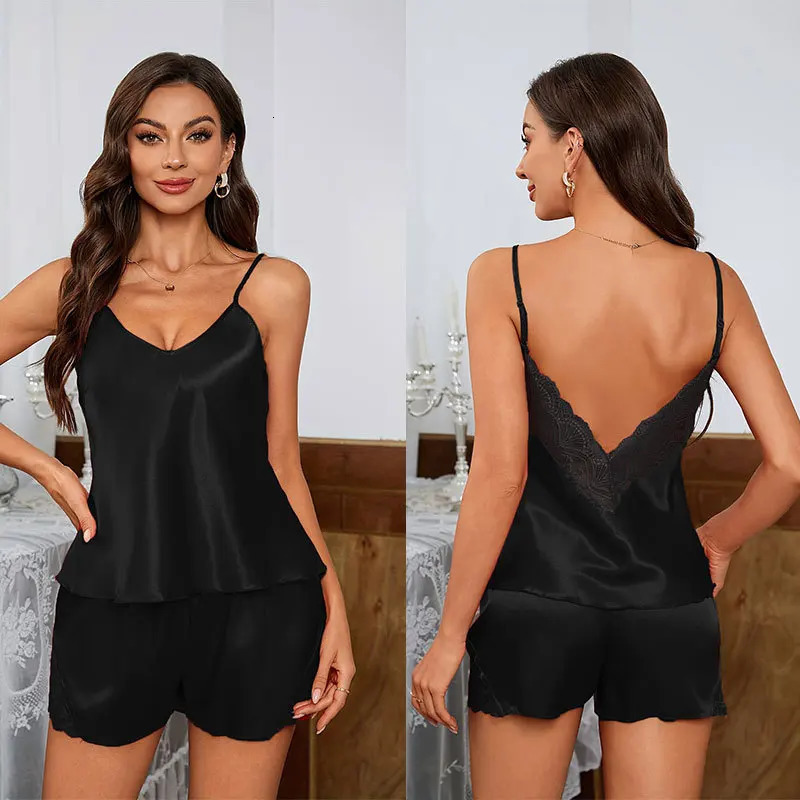 Sexy Backless Deep V Lace Summer Sleepwear Set Soft Satin Pajamas for Women Comfortable Short Sleeve Cami Shorts 250717