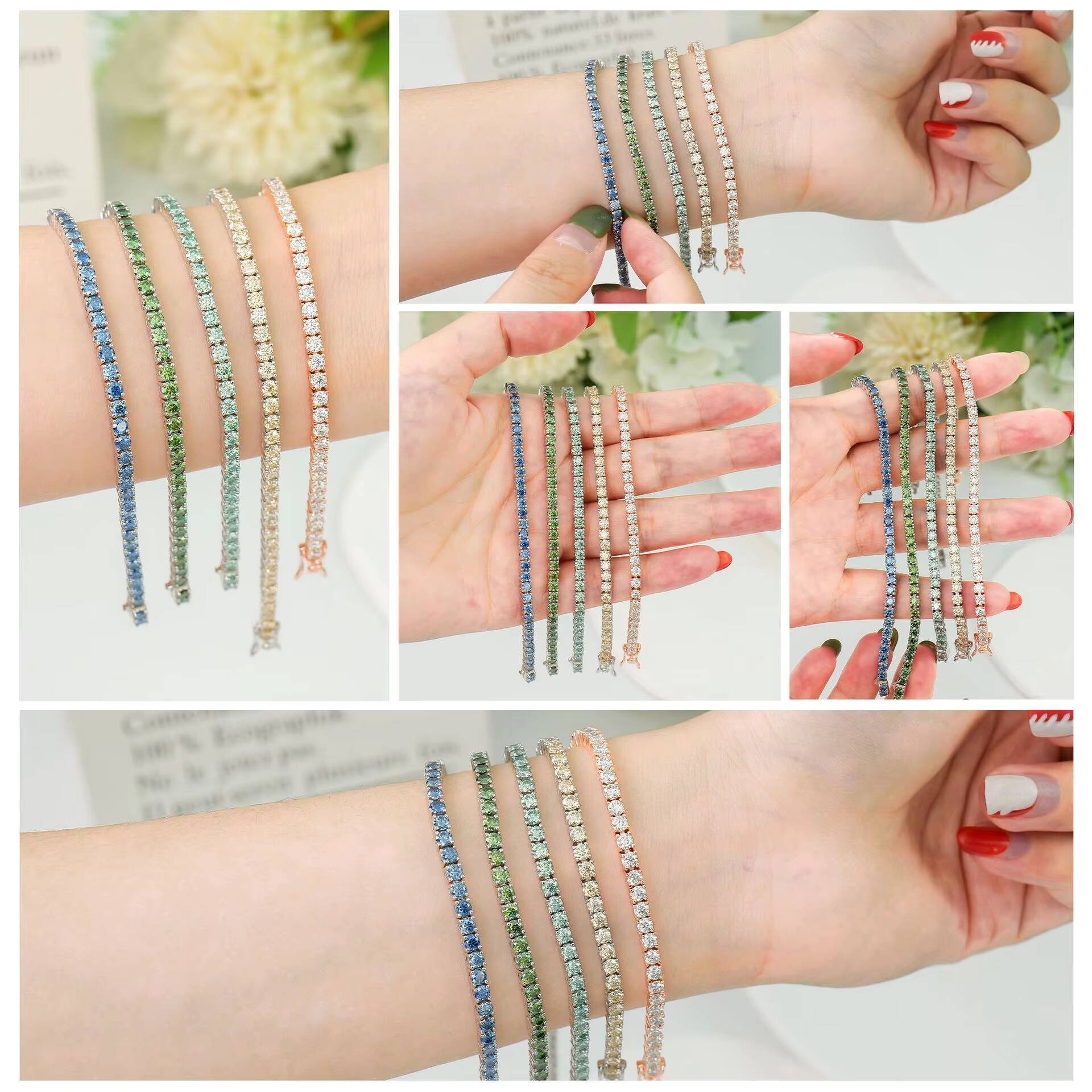 Luxury Trendy S925 Sterling Silver Green Blue Colored Hip Hop Style Moissanite Tennis Bracelet Fine Jewelry Chain Bracelet
