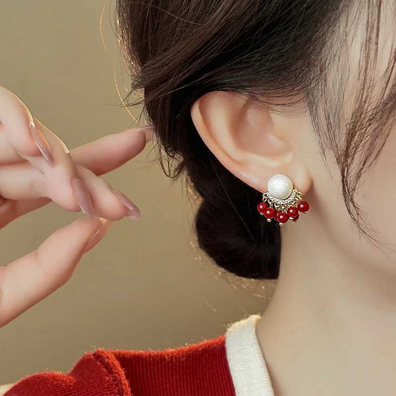 South Korea Temperament Unique Red Beads Tassel Imitation Pearls Stud Earrings For Women Fashion Sweet Crystal Jewelry Gifts XJ250722