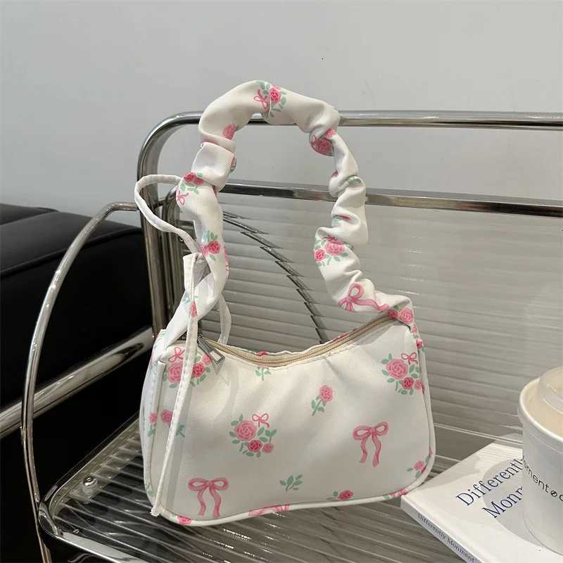 2025 Summer Womens Bag Canvas Pleated Handlebags Armpit Bag Korean Floral Bow Printed Zipper Tote Bag Small Female Shoulder Bag XJ250704
