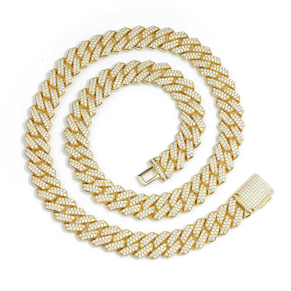 Top Fashion High Quality S925 Hip-Hop Jewelry Gold Plated 14mm Prong Link Cuban Moissanite Cuban Chain Necklace for Wholesale