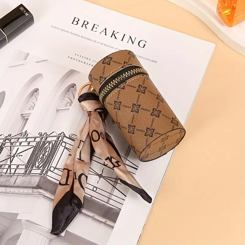 Bag Charms Vintage Floral Print Coin Purse & Keychain - Portable Lipstick Holder Wallet for Women, Retro Key Ring Accessory