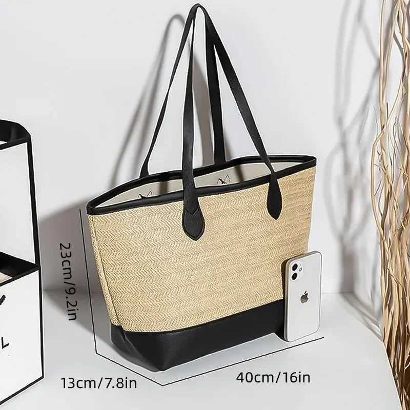 FAshion Pu Leather Weave StrAW Tote Bag Trendy Shoulder Bag PaTChwork Color Beach Handbags Large Capacity Raffia Bag Y250730