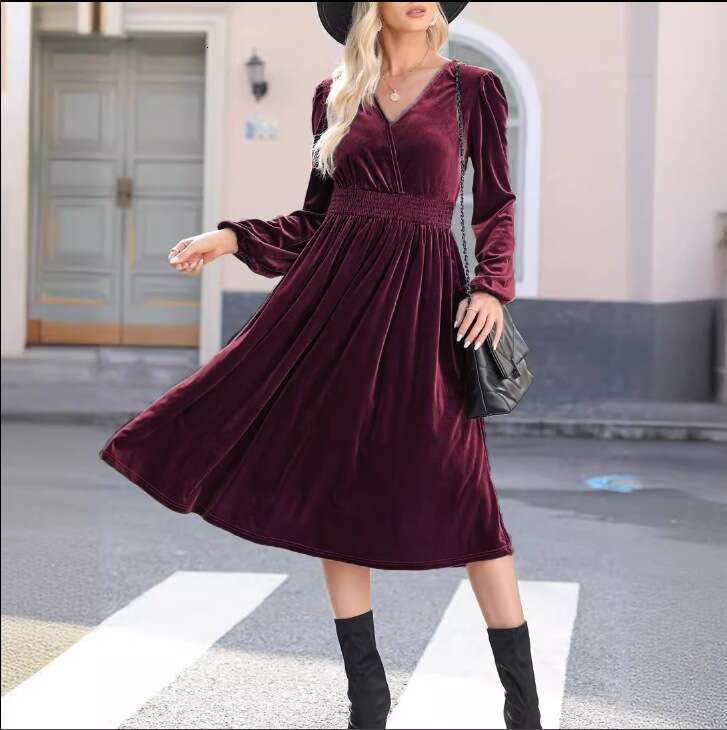 Autumn Winter New Solid Color Sleeve Elegant Commuting V-Neck Pleated High Waist Long Dress For Women B5