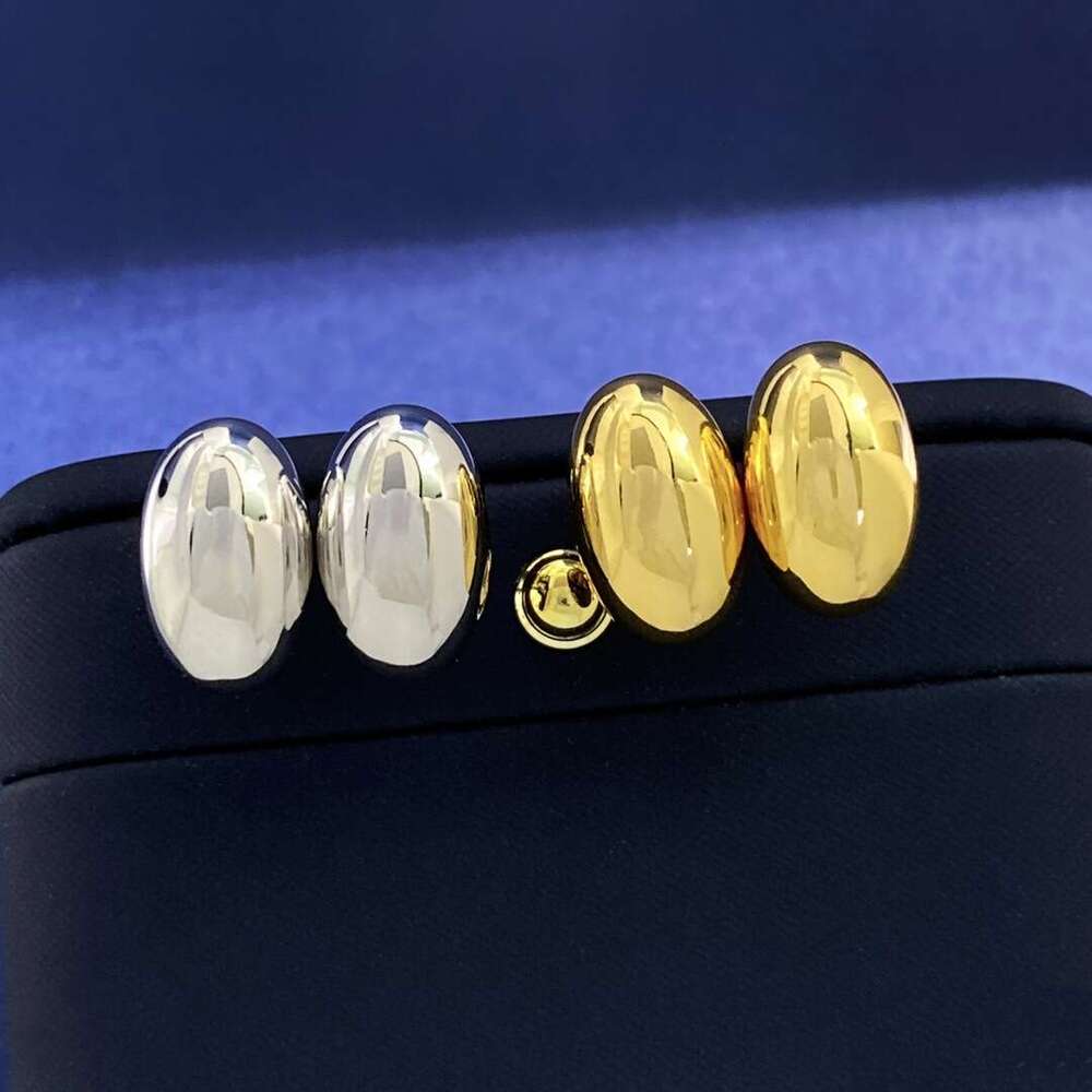 Heavy Craft Solid Minimalist Metal Glossy Gold Oval Stud Personality Classic Earrings for Women