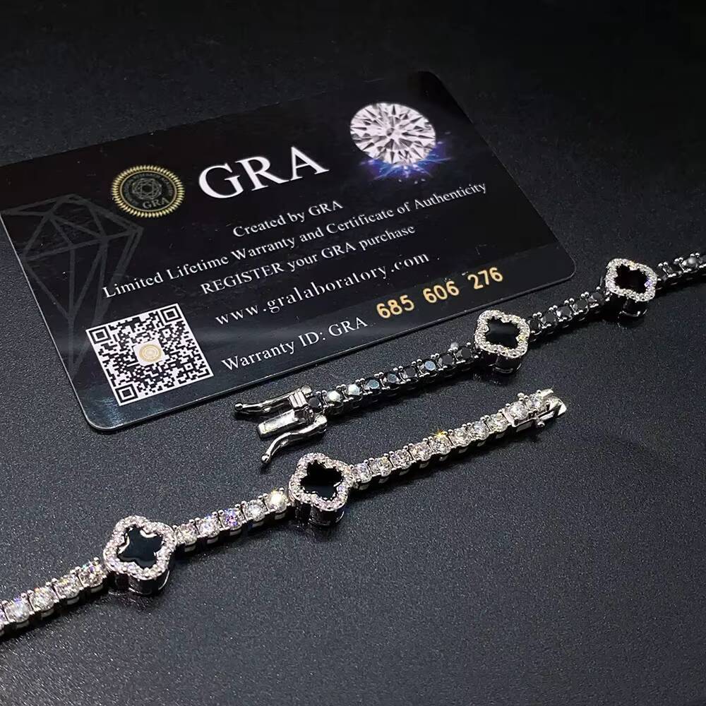 Hot Selling Design Black Clover Tennis Chain Luxury VVS D Moissanite 925 Sterling Silver Tennis Bracelet 4mm Hip Hop Jewelry