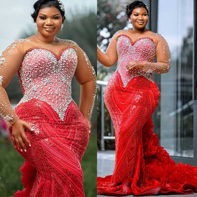 2025 Plus Size Red Prom Dress For Black Women Mermaid Evening Dresses Robe De Soiree Sheer Neck Long Sleeves Beaded Lace Birthday Dress Second Recepti