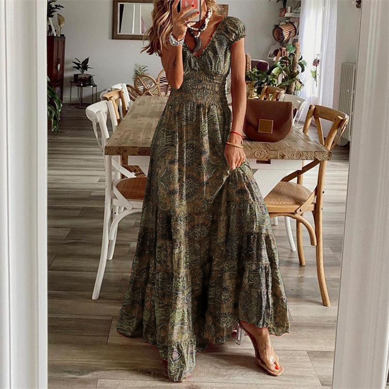 H7210New West Mia retro dress long dress waist floral print big swing dress