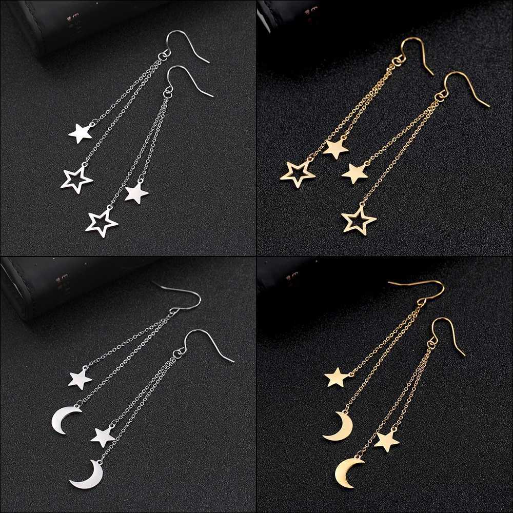 Teamer Star Moon Pendant Tassel Earrings Stainless Steel Dangle Earrings Women Girls Korean Trend Jewelry Valentines Day Gift XJ250722