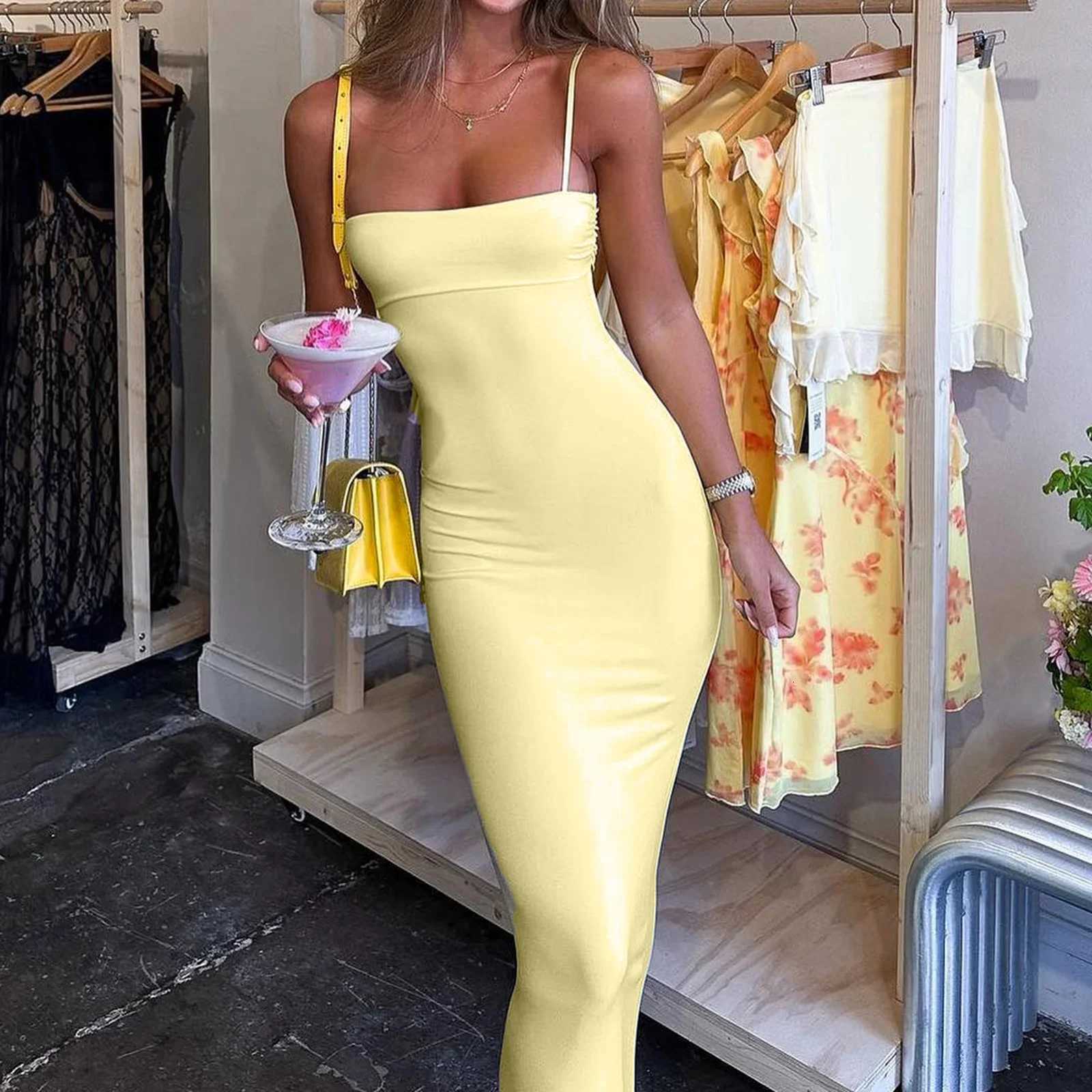 Fe Ele Bodycon Mini Dresses Party Long Cami Dress Women Spaghetti Strap Dress Slim Square Neck Adjustable Satin Dress XJ250722