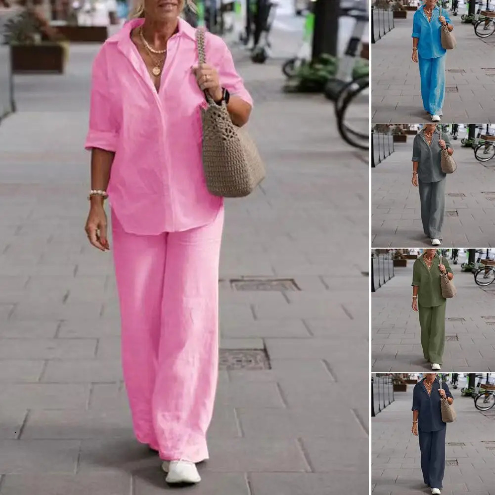 Two-piece Set Women Summer Suit Plus Size Cotton Linen Single-breasted Shirt Trousers Casual Top Wide Leg Pants Loose Outfits 250714