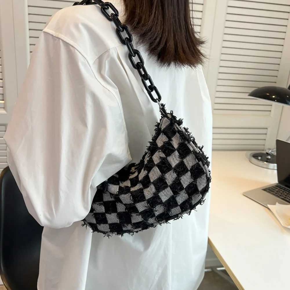 Vintage Women Casual Shoulder Underarm Bag Plaid Pattern Printed Denim Small Purse Ladies Chain Leisure Handbags XJ250704