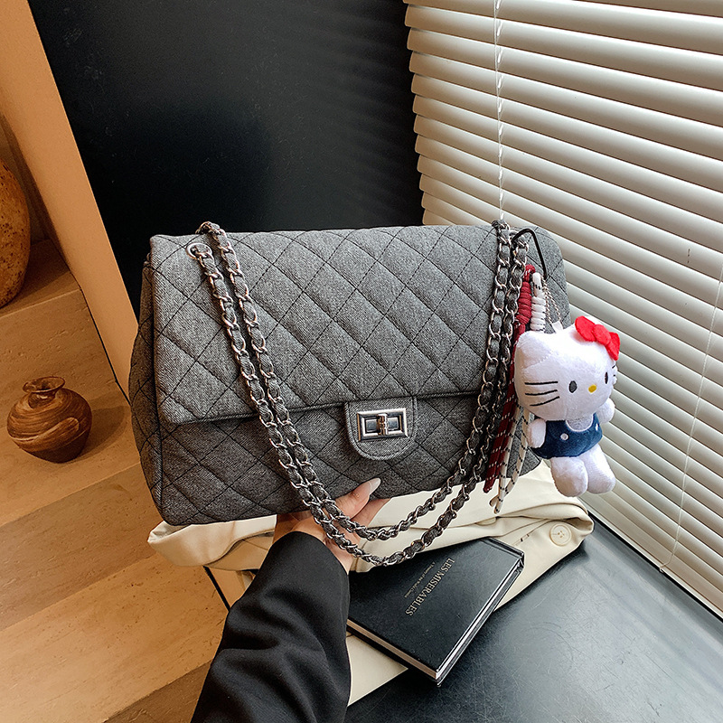 Dia Pattern Denim Shoulder Bag, Fashionable Chain Cross Body Handbag, Large Capacity dh1899503