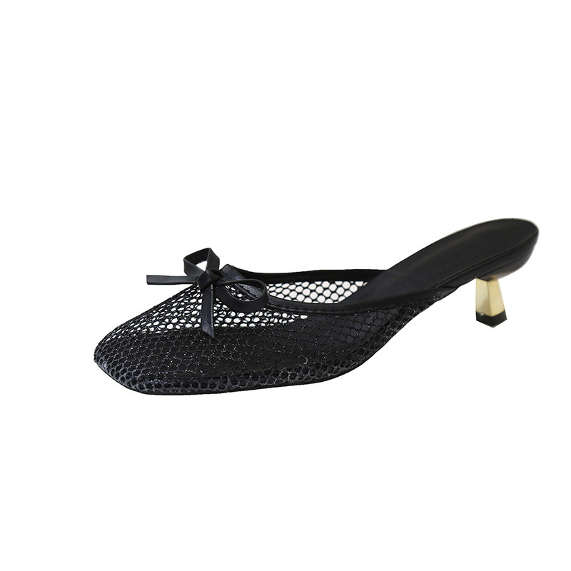 Luxury Brand Designer Shoes Plus Size Gold Bow Hollow Toe Sandals For Women, Summer 2025 Slip-On Thin Heel Mules