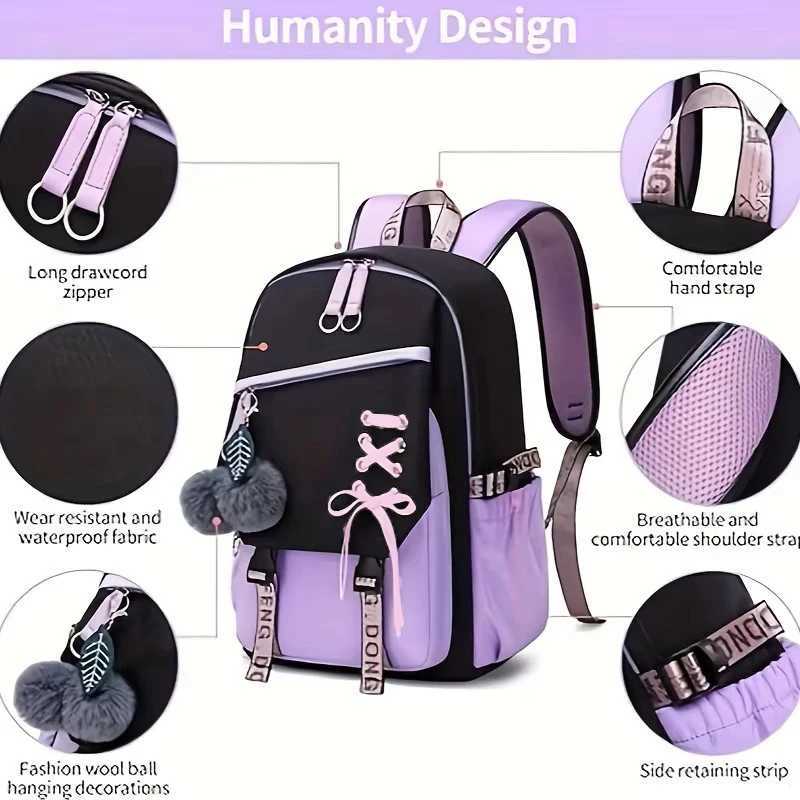 Large Capacity Schoolbag with Cute Plush Pendant Cute Girls Backpack Waterproof Nylon Fabric Bookbag for Kids Teens Students Y250722
