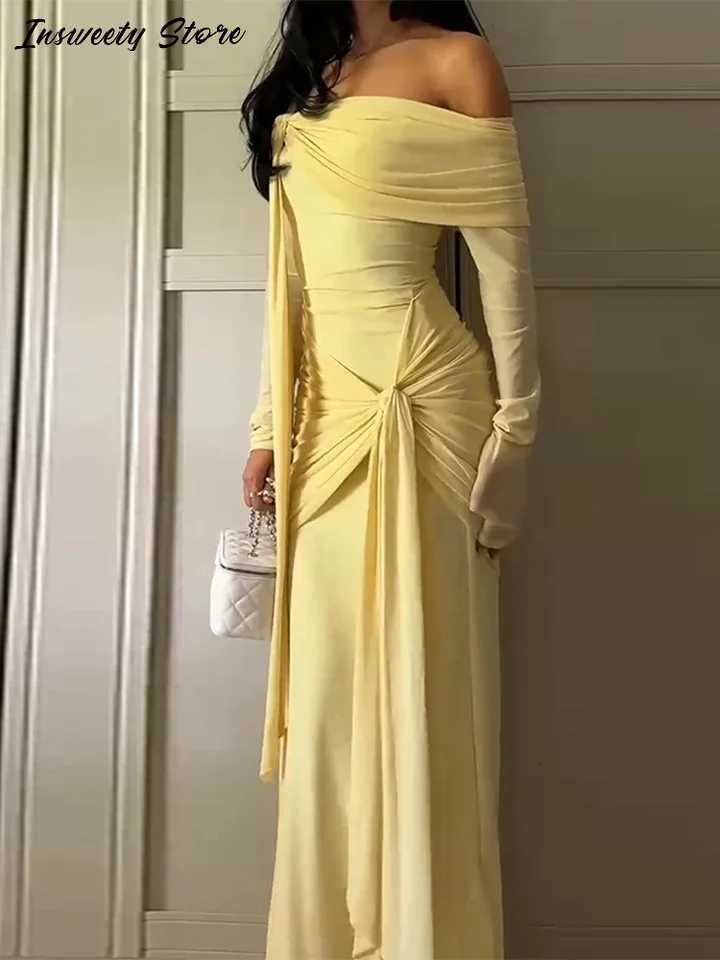 Ele Solid Lace Up Dress Womens Off The Shoulder Long Sleeve Draped Dresses 2025 Summer New Fe Chic Party Dresses XJ250722