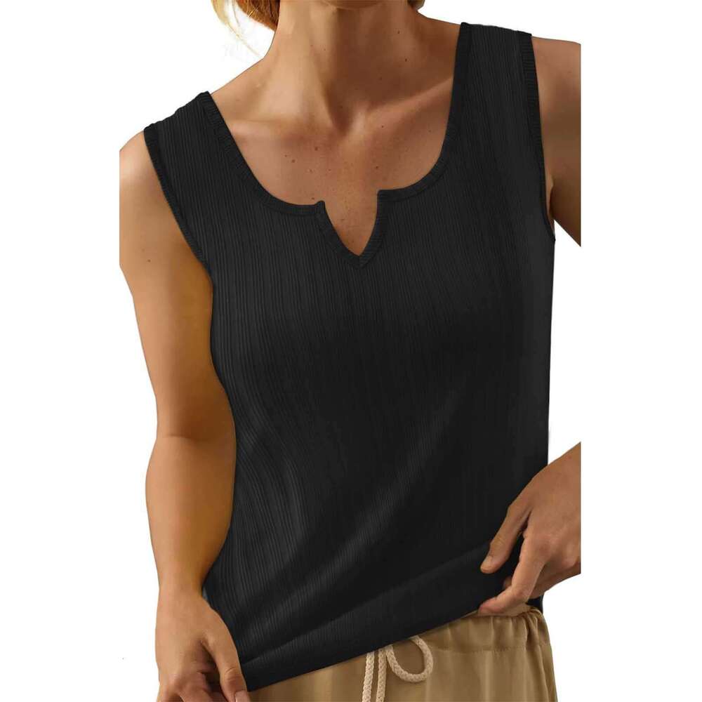 Summer New Design Sense Fashion Casual V-Neck Solid Color Ribbed Vest B5
