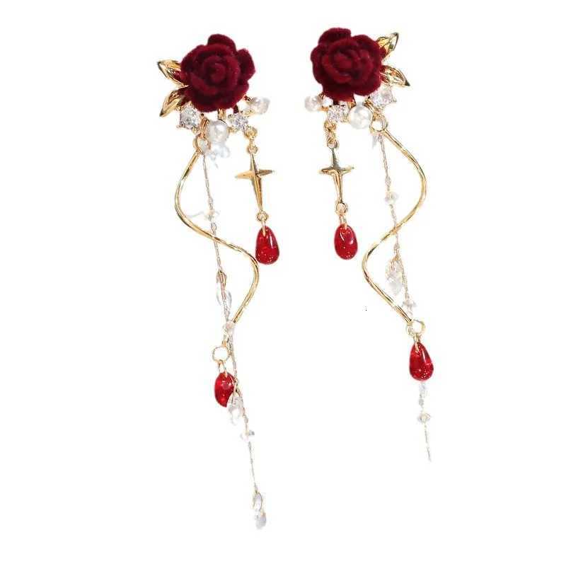 Luxury Crystal Velvet Rose Flower Tassel Earrings for Women Temperament Long Hanging Earrings Girls Bridal Party Wedding Jewelry XJ250722