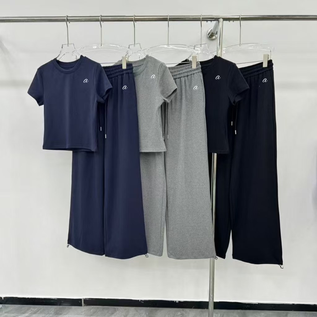 Women Yoga Two Piece Set Long Pant SetsShort Sleeve Wide Pant Solid Color Sports Gym Tracksuit Fitness