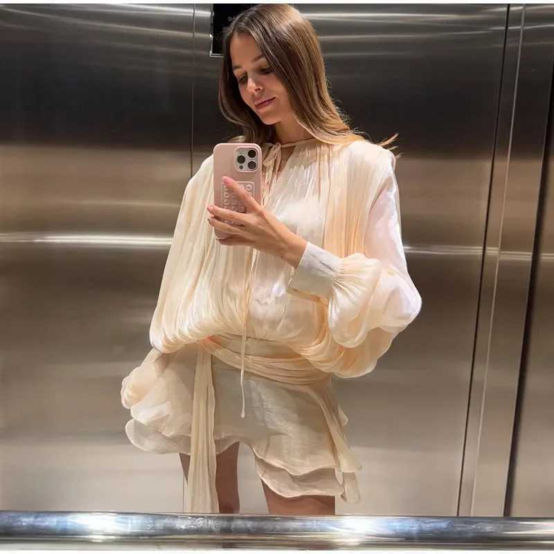 Ele Ruched Mini Dress For Women Round Neck Lantern Long Sleeve High Waist Temperament Dresses Fe Fashion 2025 CLOTHING XJ250722
