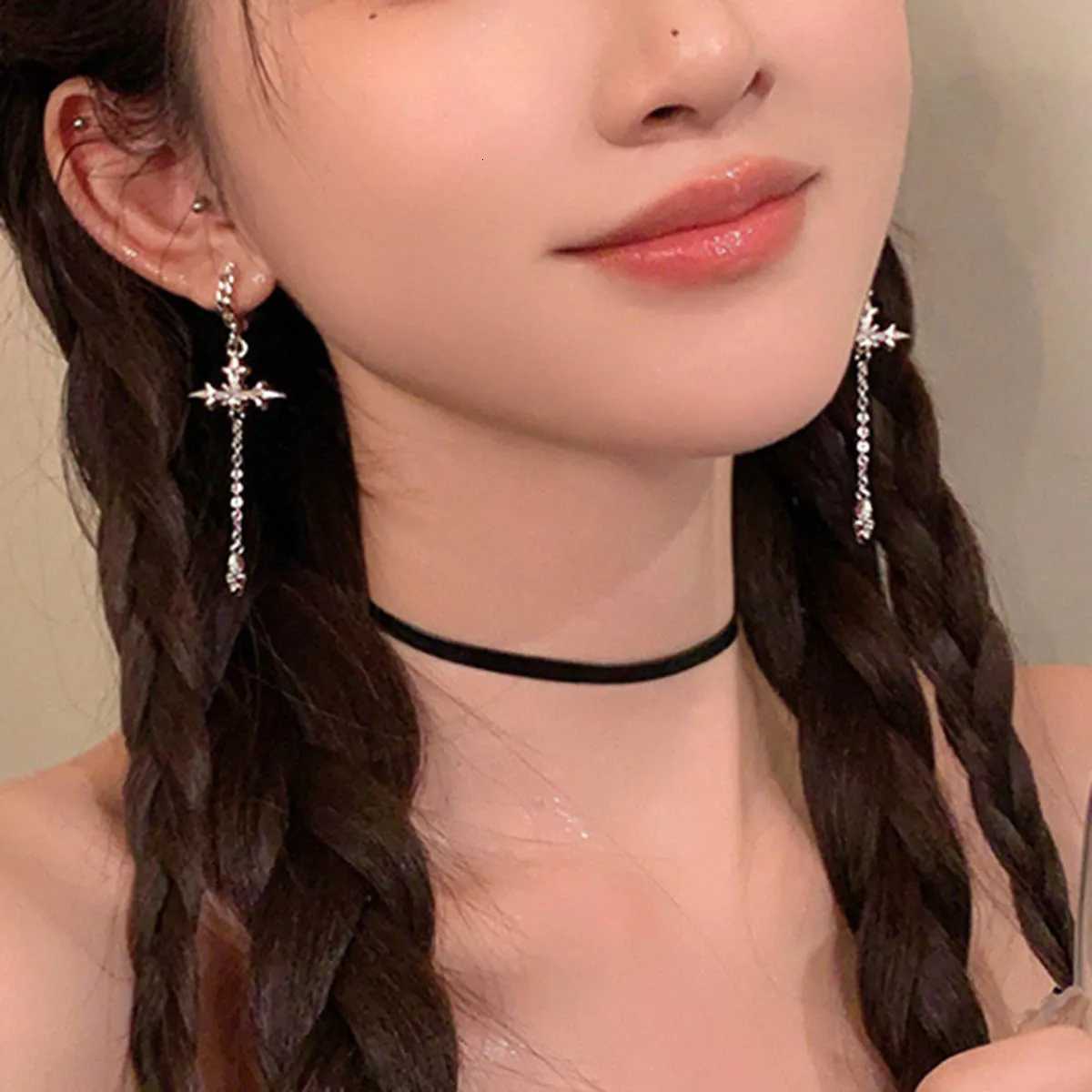 Personality Fashion Zircon Cross Tassel Hanging Earrings for Women Commuting Temperament Small Hoop Earring Party Jewelry GiftXJ250722