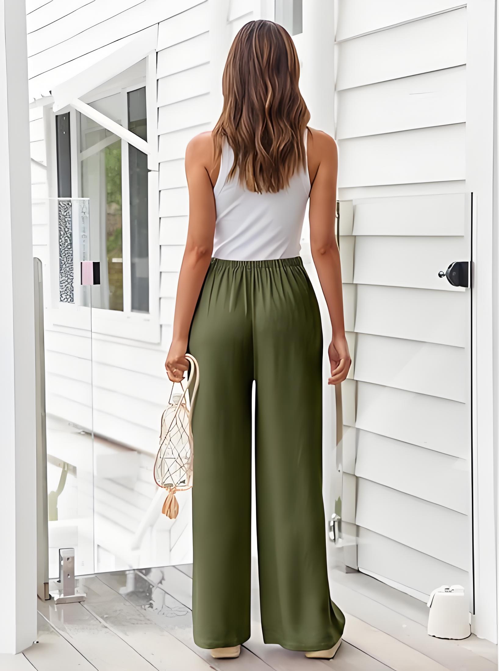 Lady's khaki high-waisted lace-up wide-leg pants