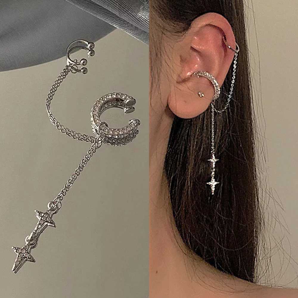 Shiny Silver Color Crystal Tassel Non-Piercing Cuff Ear Clip Earring For Women Rhinestone Star Fake Cartilage Piercing Jewelry XJ250722