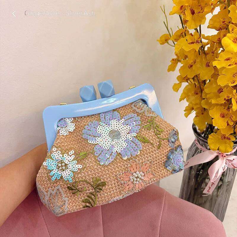 Women Embroiry Evening Sequins Vintage Flower Straw Beach Handbag Weaving Satchel Ladies Summer Daily Bag City Bag