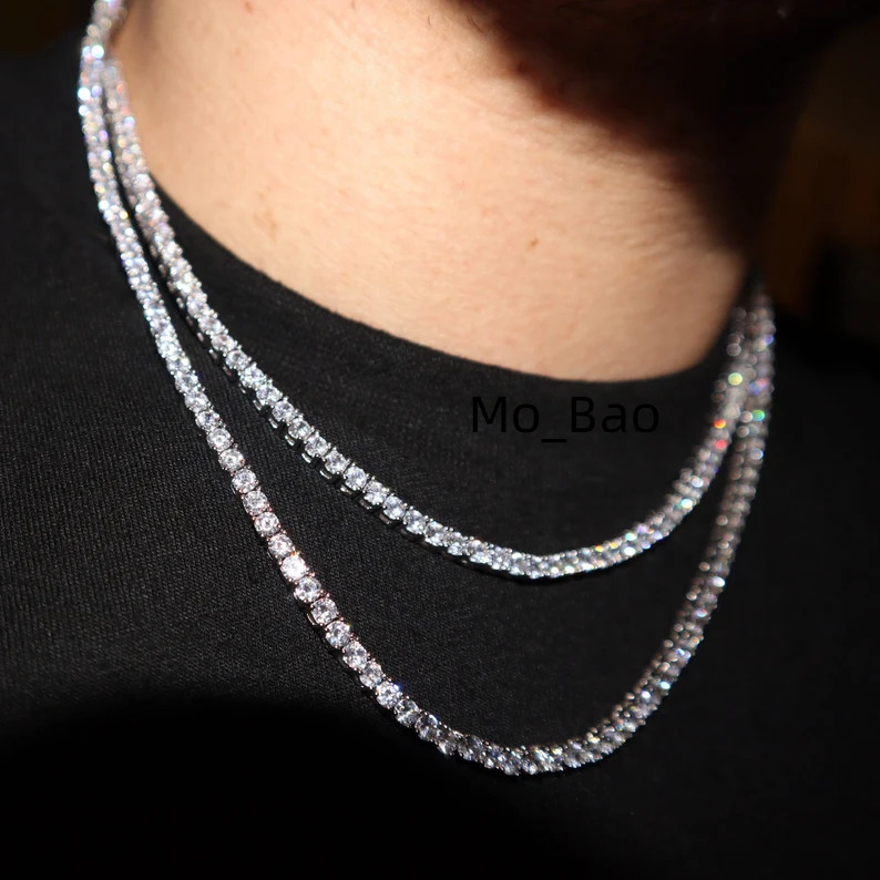 Wholesale Price 925 Sterling Silver 3MM/4MM Mens White Gold Color Moissanite Tennis Chain Hip Hop Pendant Tennis Necklace