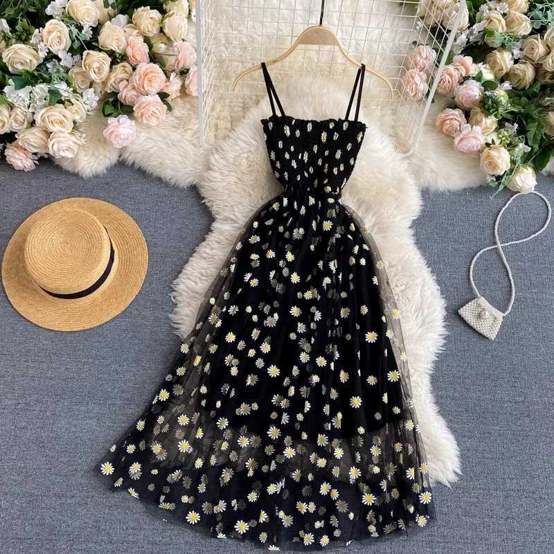 2025 New Korean Fashion Floral Print Spaghetti Straps Mesh Party Dress Vacation Style Women Beach Dress XJ250722