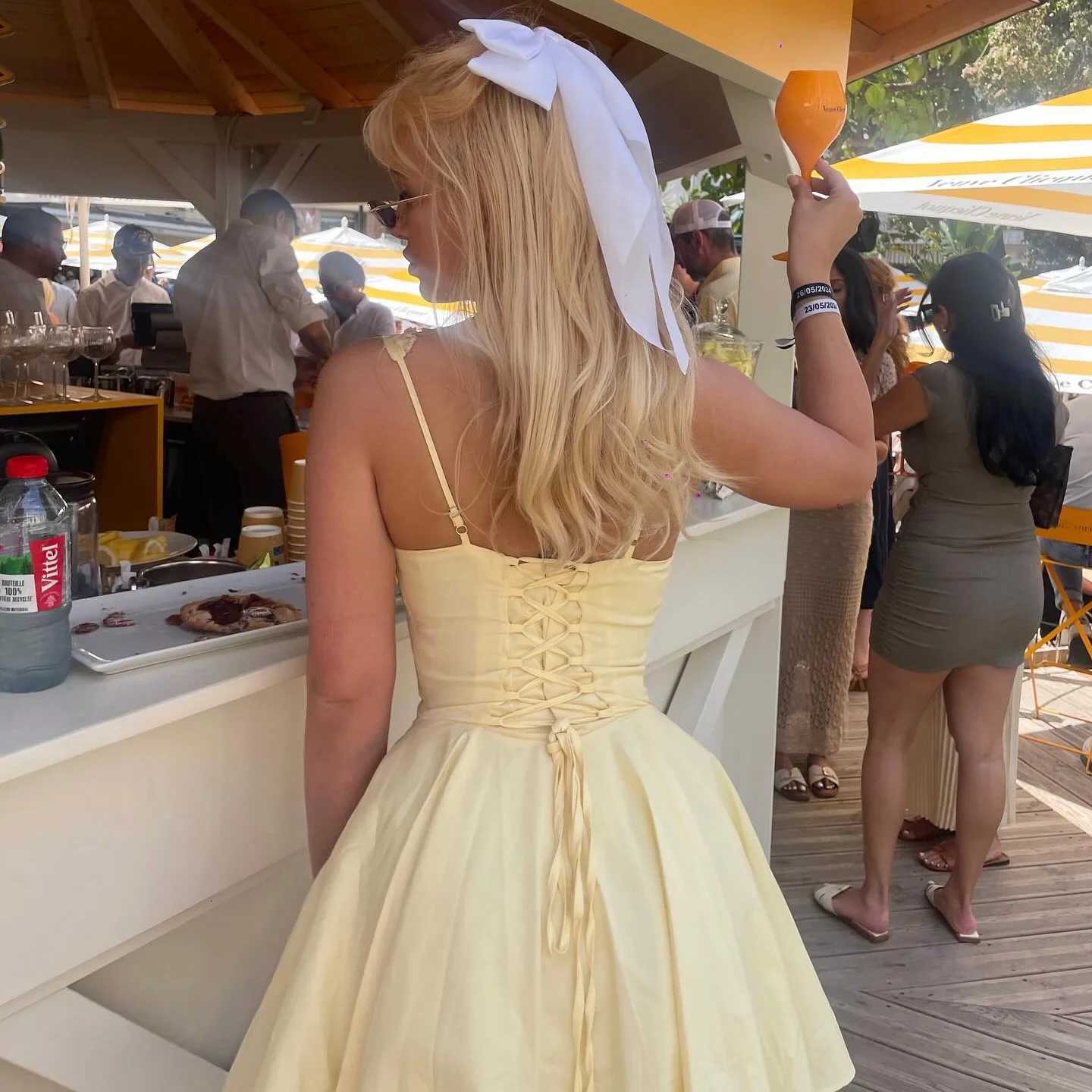 2024 Summer Lovely A-Line Dress Yellow Sexy Party Dresses Hollow Out Lace Up Ele Holiday Dress Women XJ250722
