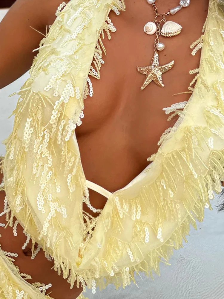 Yellow Sequin Tassels Mini Skirt Sets For Women Backless Sleeveless Halter Vest Tops Hip Package Mini Skirts 2 Pieces Lady Suits 250714